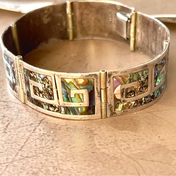 Vintage Jewelry - Vintage Sterling Silver Mexican Abalone Station Bracelet Greek Key Design